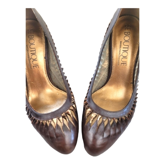 SAM EDELMAN SE Boutique Designs Brown/Gold Round Toe, Leather Pumps/Heels - Picture 9 of 11